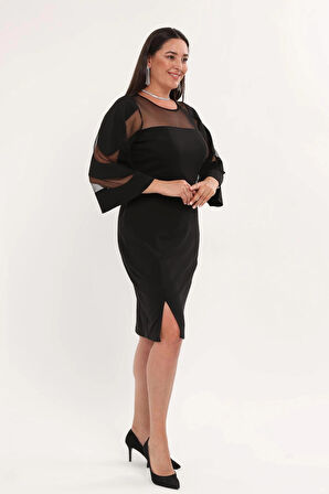 Büyük Beden Üst Ve Kol Tül Detaylı Yırtmaçlı Midi Boy Abiye Elbise