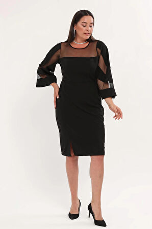 Büyük Beden Üst Ve Kol Tül Detaylı Yırtmaçlı Midi Boy Abiye Elbise