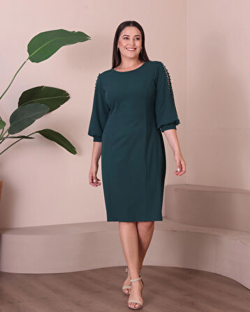 Büyük Beden Yuvarlak Yaka Kol Detaylı Midi Boy Abiye Elbise