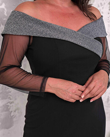 Büyük Beden Yaka Sim Detaylı Kol Tüllü Midi Boy Abiye Elbise