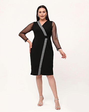 Büyük Beden Kruvaze Yaka Sim Detaylı Kol Tüllü Midi Boy Abiye Elbise