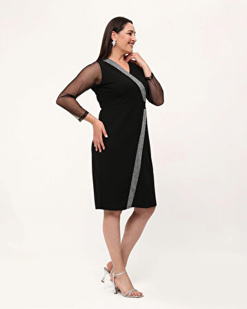 Büyük Beden Kruvaze Yaka Sim Detaylı Kol Tüllü Midi Boy Abiye Elbise