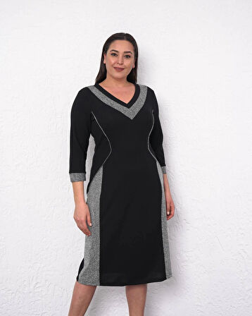 Büyük Beden V Yaka Kol Sim Detaylı Uzun Kol Midi Boy Abiye Elbise