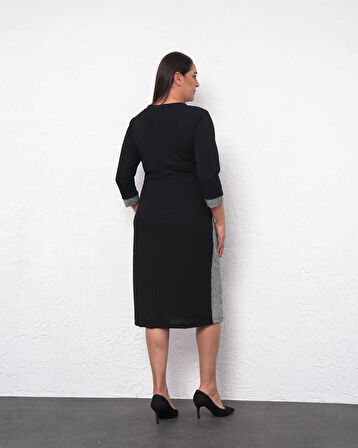 Büyük Beden V Yaka Kol Sim Detaylı Uzun Kol Midi Boy Abiye Elbise