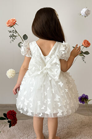 Kelebek Desenli Beyaz Renk Elbise Kısa Kollu Fiyonklu Doğum Günü Parti Düğün Özel Gün Tüllü Astarlı Prenses Parti Elbise 