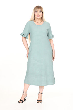 Yazlık Kısa Kol Esnek Büyük Beden Mint Elbise 21C-2666