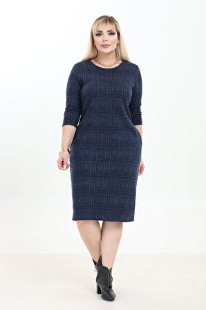 Çift Cepli Desenli Esnek Kışlık Büyük Beden Midi Elbise 29C-2757