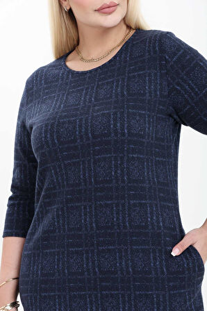 Çift Cepli Desenli Esnek Kışlık Büyük Beden Midi Elbise 29C-2757