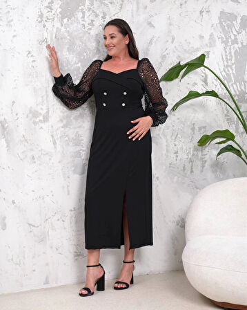 Büyük Beden Kol Ve Yaka Detaylı Yırtmaçlı Abiye Elbise