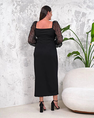 Büyük Beden Kol Ve Yaka Detaylı Yırtmaçlı Abiye Elbise