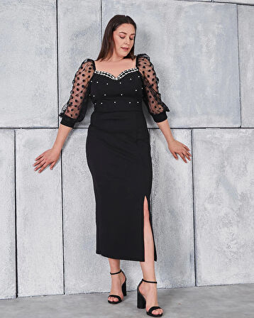 Büyük Beden Kol Ve Yaka Detaylı Yırtmaçlı İncili Abiye Elbise