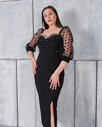 Büyük Beden Kol Ve Yaka Detaylı Yırtmaçlı İncili Abiye Elbise