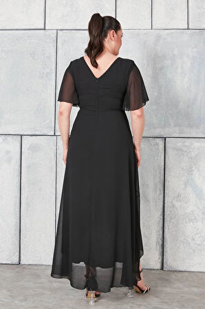 Büyük Beden Sırt Detaylı Tüllü Şifon Asimetrik Abiye Elbise