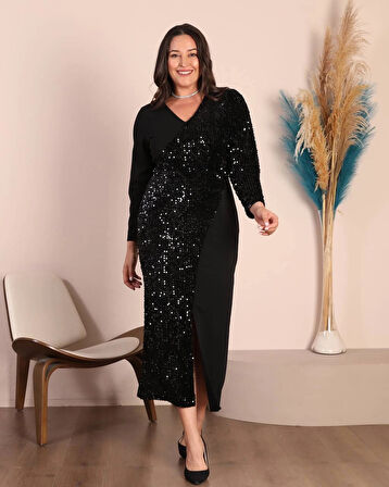 Büyük Beden Uzun Kollu Yırtmaçlı Pul Payet Detaylı Ön Yırtmaçlı Abiye Elbise