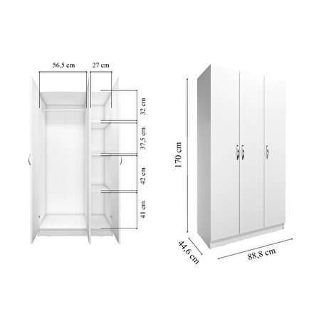 Talas 3 Kapaklı Beyaz Gardırop, Elbise Dolabı 170x45x89 Cm