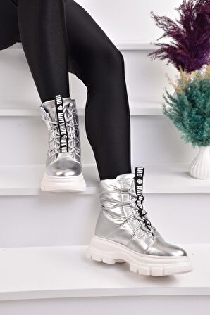 ModaOnn Kadın Gümüş Renk Bağcıklı Sneakers Bot