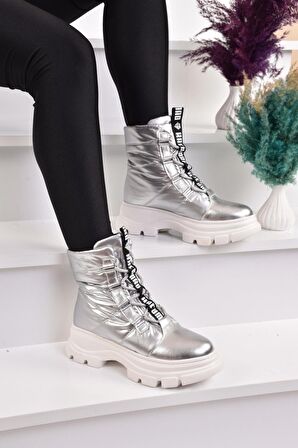 ModaOnn Kadın Gümüş Renk Bağcıklı Sneakers Bot