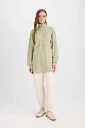 DeFacto Yarım Fermuarlı Dik Yaka Basic Düz Sweatshirt Tunik D1615AX24AUGN497