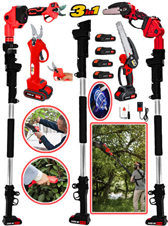 Projcb Plus Germany Red 2400 Wf Brushles Kömürsüz Motor 4 ADET Akülü Bağ Makası + Dal Budama + 2.7 MT Teleskop Hediyeli