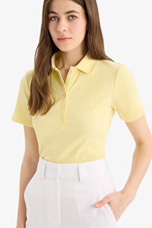 Slim Fit Dar Kesim Fitilli Kaşkorse Kısa Kollu Polo Tişört