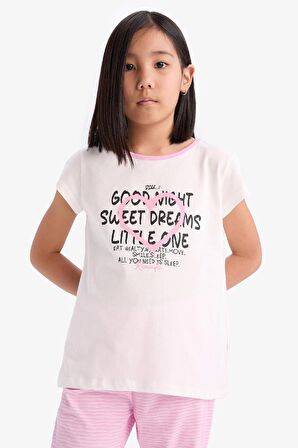 Kız Çocuk Pijama Takımı Baskılı Kısa Kollu Üst Beli Lastikli Uzun Alt