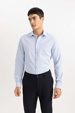 DeFacto Slim Fit Dar Kesim Polo Yaka Petek Dokulu Uzun Kollu Gömlek B6476AX24SPBE523