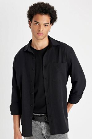 DeFacto Regular Fit Düğmeli Yaka Basic Düz Pamuk Karışımlı Uzun Kollu Gömlek D4183AX24AUBK81