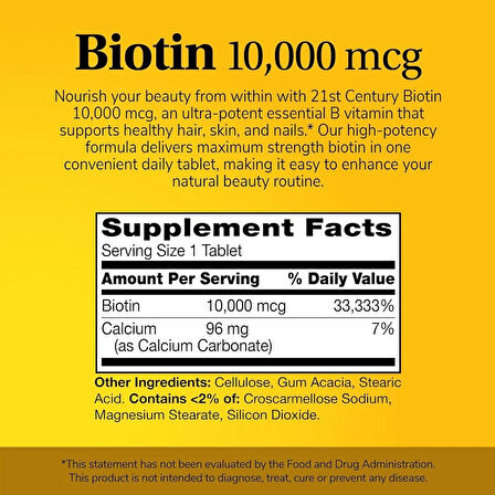 21st Century Biotin+Calcium Hair, Skin & Nail Support 10,000 mcg, Unflavored 120 Count