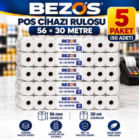 Bezos Termal POS Cihazı Rulosu 56 mm x 30 m - 50 Adet (5 Paket) Yazar Kasa Slip Rulosu 22
