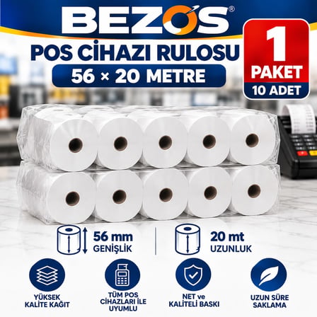 Bezos Termal POS Cihazı Rulosu 56 mm x 20 m - 10 Adet (1 Paket) Yazar Kasa Slip Rulosu 22