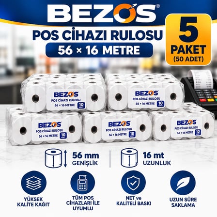 Bezos Termal POS Cihazı Rulosu 56 mm x 16 m - 50 Adet (5 Paket) Yazar Kasa Slip Rulosu 22
