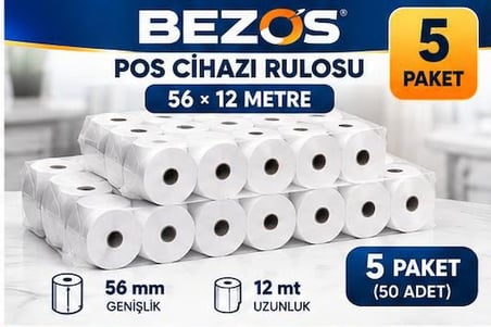Bezos Termal POS Cihazı Rulosu 56 mm x 12 m - 50 Adet (5 Paket) Yazar Kasa Slip Rulosu 22