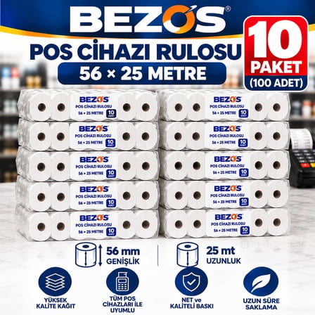 Bezos Termal POS Cihazı Rulosu 56 mm x 25 m - 100 Adet (10 Paket) Yazar Kasa Slip Rulosu 22