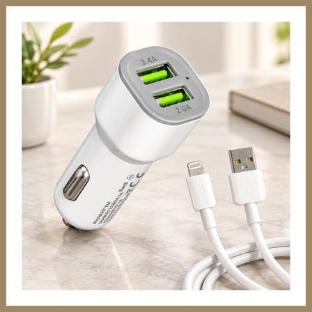Bezos Araç Çakmaklık Çift USB Hızlı Şarj Başlığı ve Lightning Kablosu 22