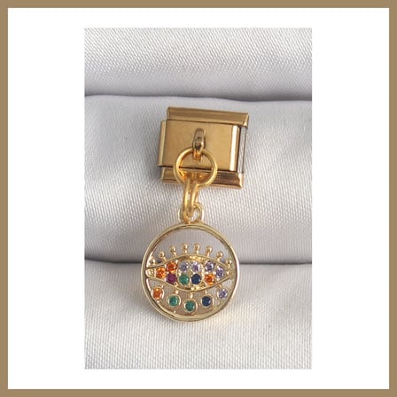 Bezos 316L Çelik Gold Renk Sallantı Renkli Zirkon Taşlı Göz Model Nomination Charm 22