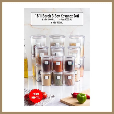 Bezos 18'li Barok Yuvarlak 3 Boy Kavanoz Seti & Saklama Kabı & Erzak Kabı (6*2000 ML, 6*1000 ML ,6*500 ML) 22
