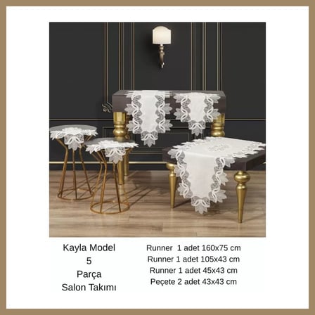 Bezos Salon Takımı 5 Parça Keten Masa Örtüsü Runner Seti Çeyizlik Kayla Model No 22252 Krem-Gold 22