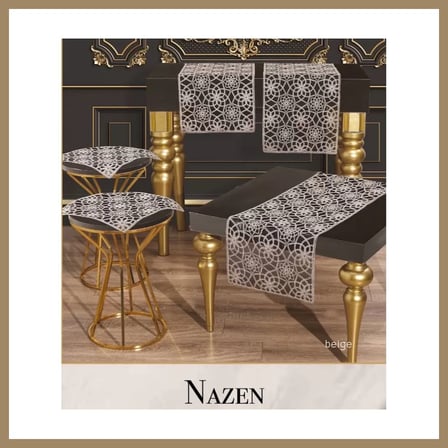 Bezos Salon Takımı Nazen Model Bej 5 Parça Tül İşlemeli Runner Seti 22