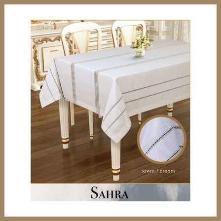 Bezos Sahra Model Krem 160x220 cm Polyester Ajurlu Keten Masa Örtüsü Tablecloth 22