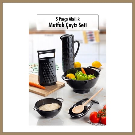 Bezos Akrilik Siyah 5 Parça Sürahi & Rende & Süzgeç & Mini Süzgeç & Kaşıklık & Mutfak Çeyiz Seti 22