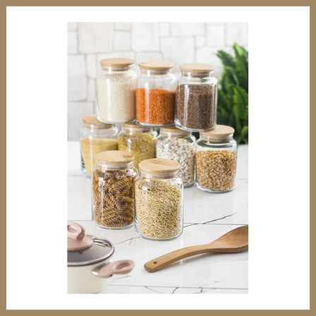 Bezos 9 Lu Set Bambu Kapaklı Cam Kavanoz & Erzak Saklama Kabı 800 ml Orta Boy ( Vakum Kapak ) 22