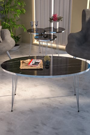 Bezos Gümüş Tel 4'lü Sehpa Seti Siyah 22