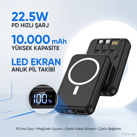Bezos 10.000 Mah Kablosuz Hızlı Şarjlı MagSafe Powerbank LED Ekranlı Dahili Kablolu Powerbank Çoklu Giriş 22
