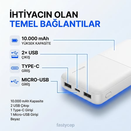 Bezos Snapmax -3009 Beyaz 10.000 Mah Powerbank 2X USB Çıkışlı 1 Type-C ve 1 Micro Girişli 22