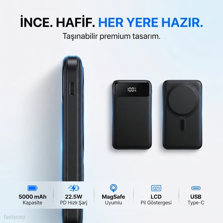 Bezos 3020 MagSafe Powerbank 5000mAh Slim 22.5W Hızlı Şarj Led Ekran İnce Powerbank Şarj Cihazı 22