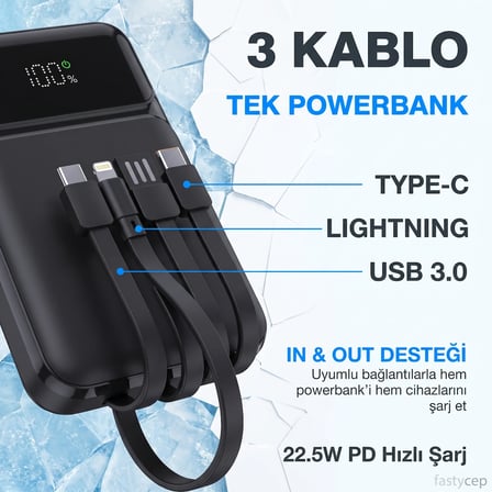 Bezos 3006 10.000 Mah Hızlı Şarj LED Göstergeli Powerbank 3in1 Dahili Kablolu Powerbank Çoklu Giriş 22