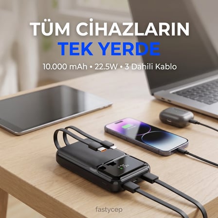 Bezos 3006 10.000 Mah Hızlı Şarj LED Göstergeli Powerbank 3in1 Dahili Kablolu Powerbank Çoklu Giriş 22
