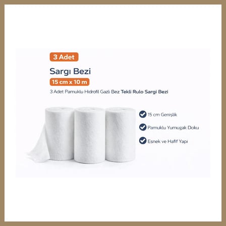 Bezos Sargı Bezi 15 cm x 10 m 3 Adet Pamuklu Hidrofil Gazlı Bez Rulo Sargı Bezi Seti 22