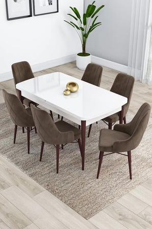 Kar Serisi, Beyaz Masa Ceviz Ayak Açılabilir 80x132 Mdf Mutfak Masa Takımı, 6 Kahve Sandalye