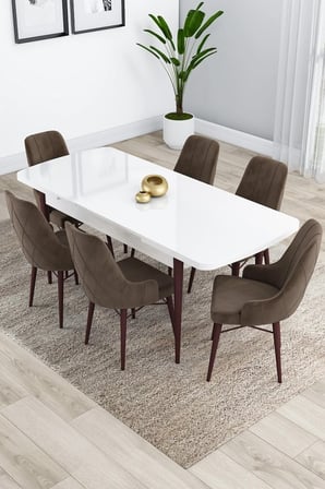 Kar Serisi, Beyaz Masa Ceviz Ayak Açılabilir 80x132 Mdf Mutfak Masa Takımı, 6 Kahve Sandalye